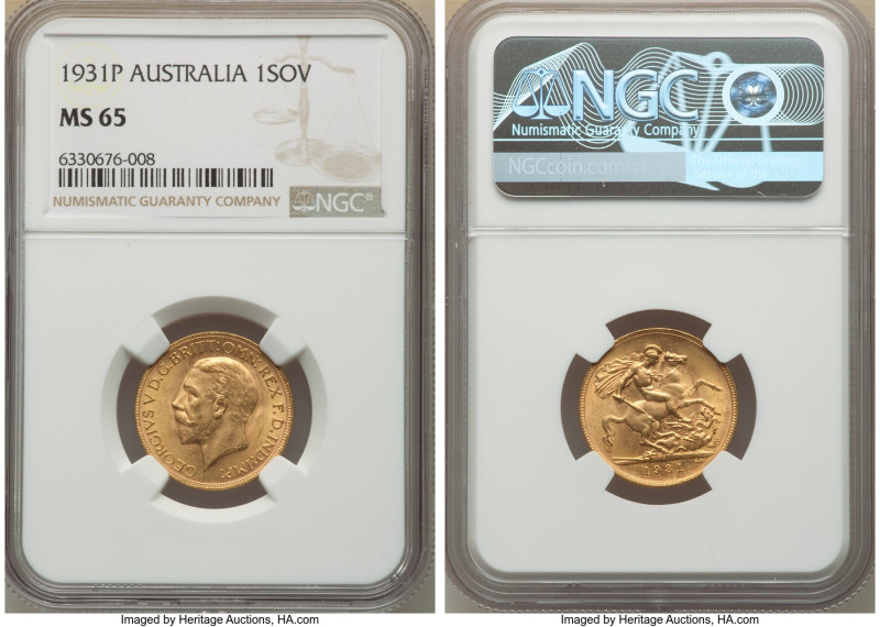George V gold Sovereign 1931-P MS65 NGC, Perth mint, KM32. A sharp strike on the...