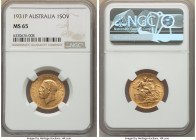George V gold Sovereign 1931-P MS65 NGC, Perth mint, KM32. A sharp strike on the devices closest to the fields with a slightly weaker strike on the ma...