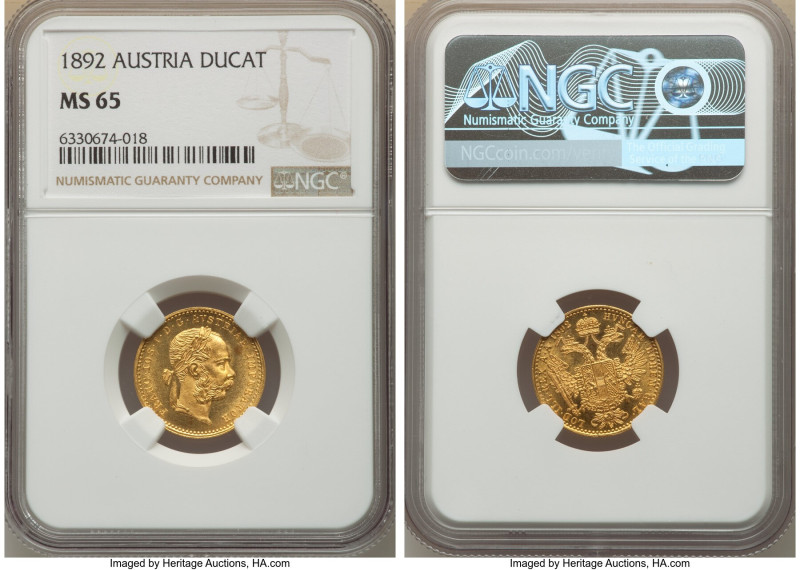 Franz Joseph I gold Ducat 1892 MS65 NGC, Vienna mint, KM2267. An excellently det...
