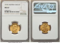 Franz Joseph I gold Ducat 1914 MS67 NGC, Vienna mint, KM2267. A mildly stripe toned coin with fully struck devices. 

HID09801242017

© 2022 Heritage ...