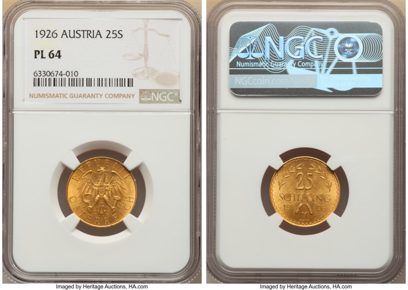 Republic gold Prooflike 25 Schilling 1926 PL64 NGC, KM2841. A fine first-year of...