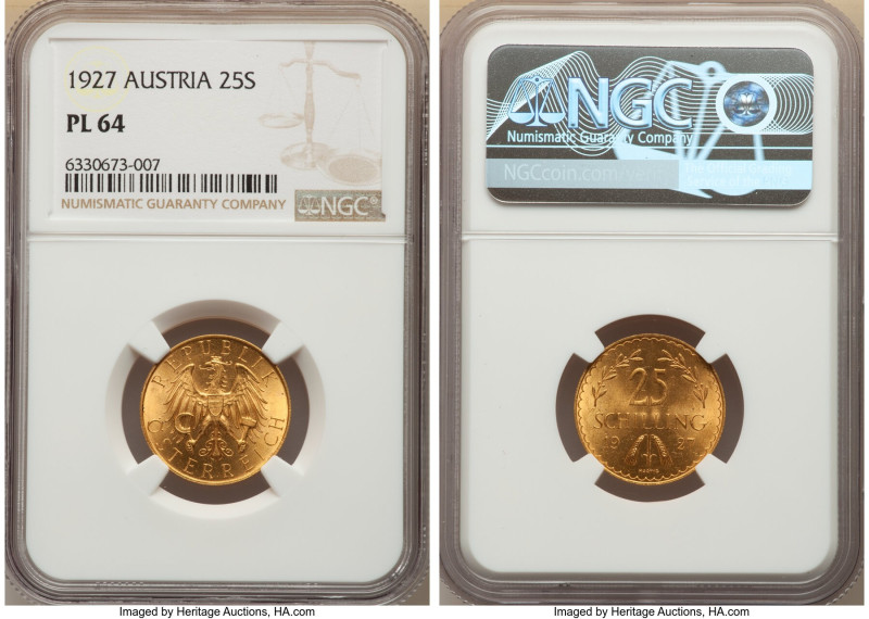 Republic gold Prooflike 25 Schilling 1927 PL64 NGC, KM2841. Awash in gold cartwh...