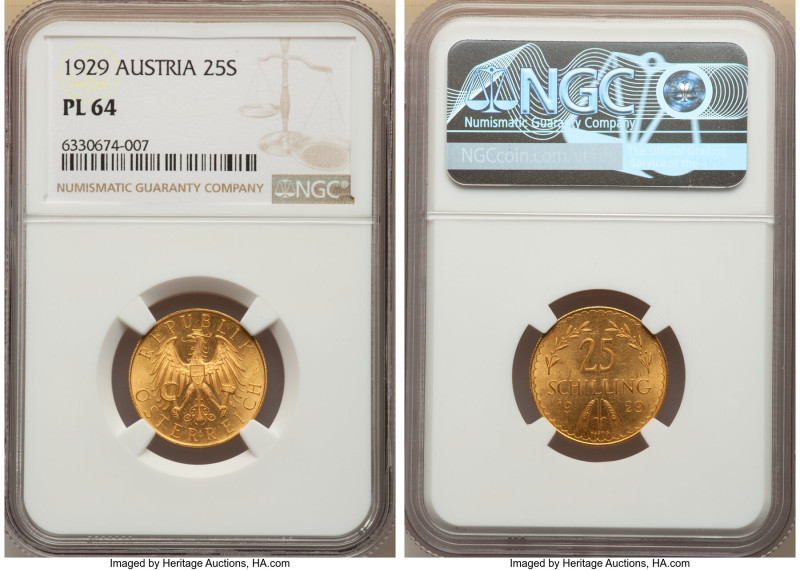 Republic gold Prooflike 25 Schilling 1929 PL64 NGC, KM2841. Beautifully preserve...