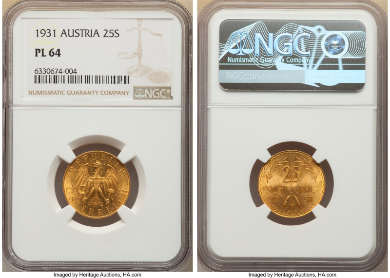 Republic gold Prooflike 25 Schilling 1931 PL64 NGC, KM2841. A scintillating repr...