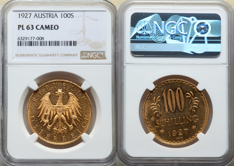 Republic gold Prooflike 100 Schilling 1927 PL63 Cameo NGC, Vienna mint, KM2842. ...