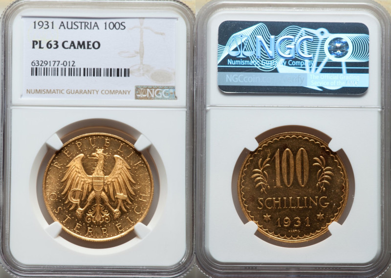 Republic gold Prooflike 100 Schilling 1931 PL63 Cameo NGC, Vienna mint, KM2842. ...
