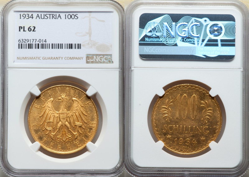 Republic gold Prooflike 100 Schilling 1934 PL62 NGC, Vienna mint, KM2842. Final ...