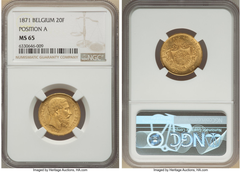 Leopold II gold 20 Francs 1871 MS65 NGC, Brussels mint, KM37. Position A variety...