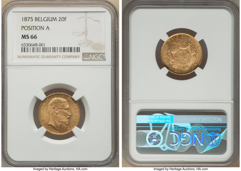Leopold II gold 20 Francs 1875 MS66 NGC, Brussels mint, KM37, Fr-412. Position A...