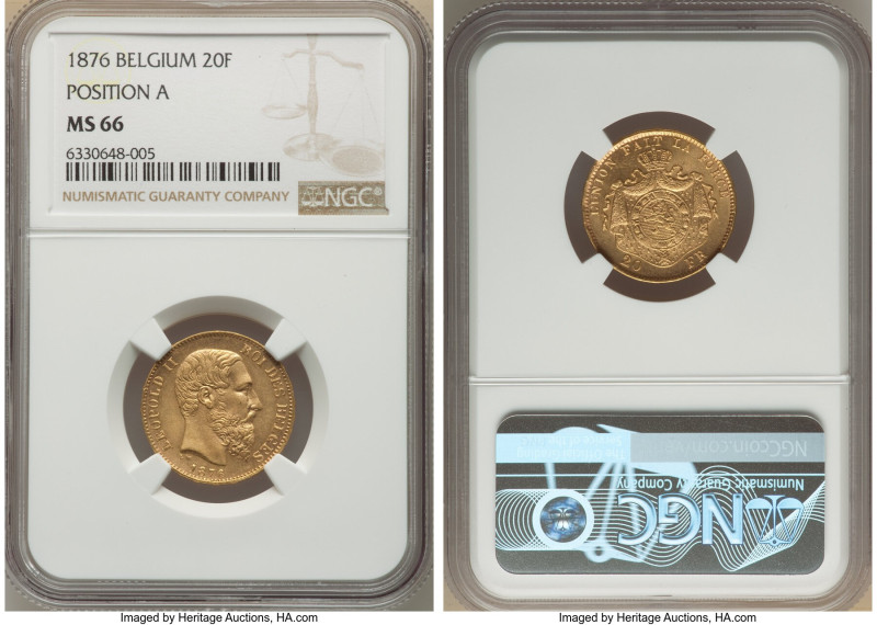 Leopold II gold 20 Francs 1876 MS66 NGC, Brussels mint, KM37. Position A. From t...