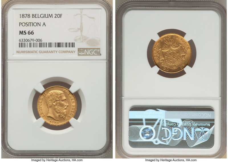 Leopold II gold 20 Francs 1878 MS66 NGC, Brussels mint, KM37. Position A. This c...