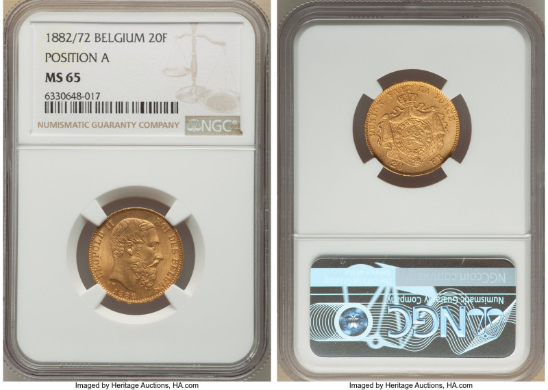 Leopold II gold 20 Francs 1882/72 MS65 NGC, Brussels mint, KM37. Position A. An ...