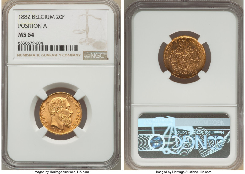 Leopold II gold 20 Francs 1882 MS64 NGC, Brussels mint, KM37. Position A. An exc...