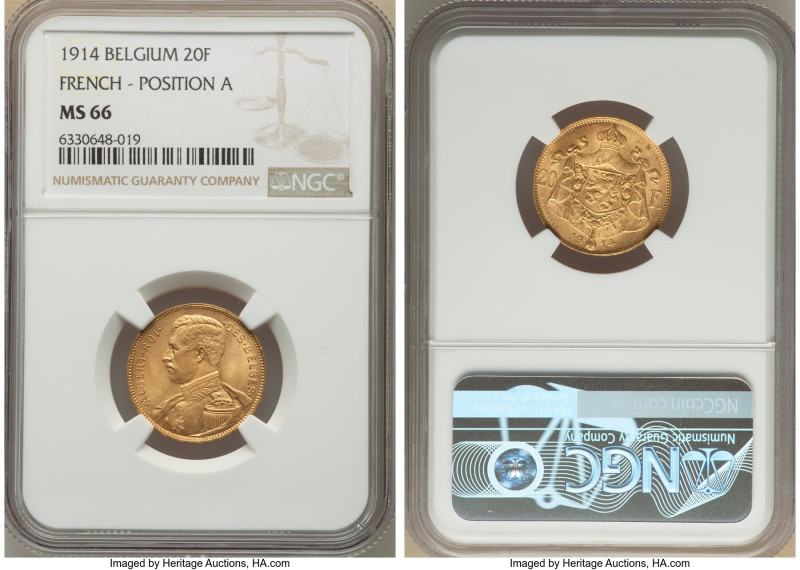 Albert I gold 20 Francs 1914 MS66 NGC, Brussels mint, KM79. French legend, Posit...