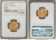 Albert I gold 20 Francs 1914 MS66 NGC, Brussels mint, KM79. French legend, Position A variety. This coin is one of 5 graded Top Pop MS66 by NGC. A sha...