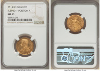 Albert I gold 20 Francs 1914 MS65 NGC, Brussels mint, KM79. Position A variety. A prime example of this type, with only 2 graded higher by NGC. A stro...