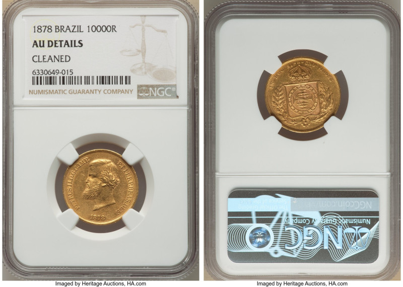 Pedro II gold 10000 Reis 1878 AU Details (Cleaned) NGC, Rio de Janeiro mint, KM4...