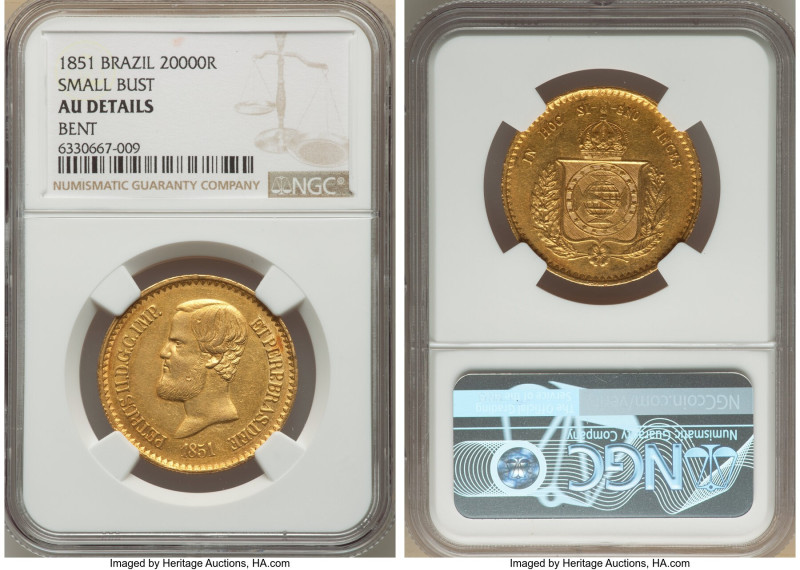 Pedro II gold "Small Bust" 20000 Reis 1851 AU Details (Bent) NGC, Rio de Janeiro...