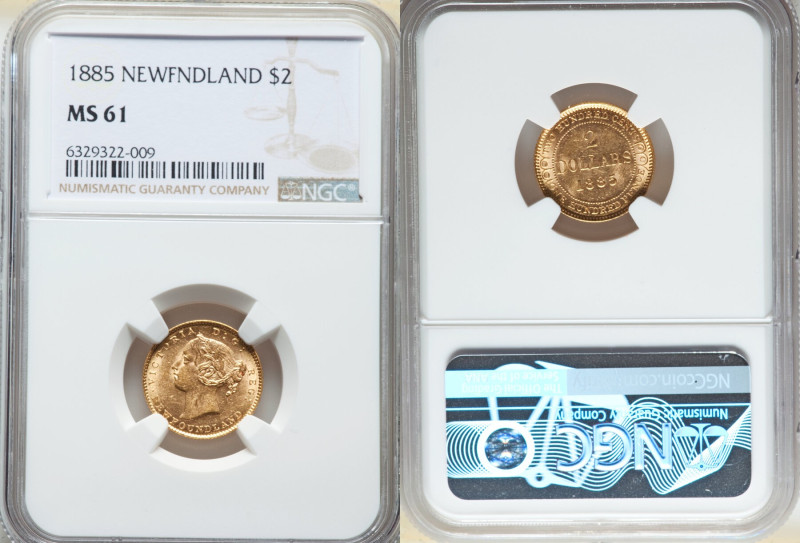 Newfoundland. Victoria gold 2 Dollars 1885 MS61 NGC, London mint, KM5. Watery fi...