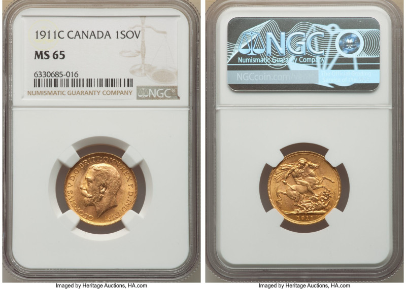 George V gold Sovereign 1911-C MS65 NGC, Ottawa mint, KM20. Only 2 graded higher...