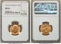 George V gold Sovereign 1911-C MS65 NGC, Ottawa mint, KM20. Only 2 graded higher by NGC, this coin is an exceptional example of its type. The strong d...