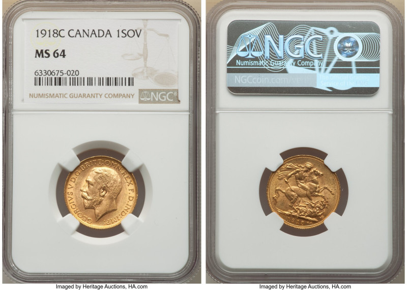 George V gold Sovereign 1918-C MS64 NGC, Ottawa mint, KM20. Tied for the second ...