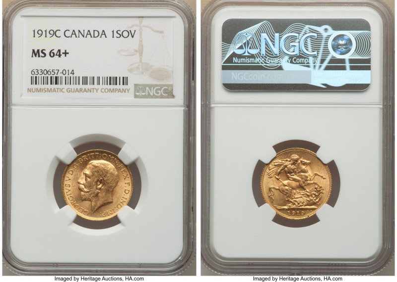 George V gold Sovereign 1919-C MS64+ NGC, Ottawa mint, KM20, Marsh-227. AGW 0.23...