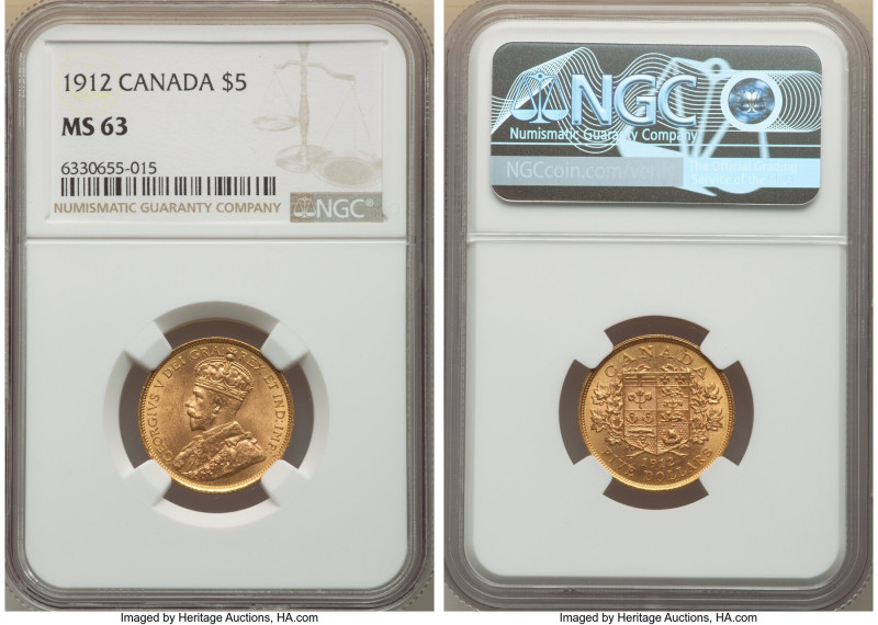 George V gold 5 Dollars 1912 MS63 NGC, Ottawa mint, KM26. 

HID09801242017

© 20...
