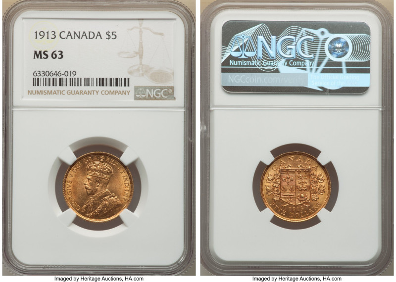 George V gold 5 Dollars 1913 MS63 NGC, Ottawa mint, KM26. 

HID09801242017

© 20...