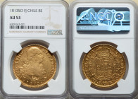 Ferdinand VII gold 8 Escudos 1813 So-FJ AU53 NGC, Santiago mint, KM78, Cal-1869. Bust of Charles IV. Glossy, deeply struck peripheries are tempered by...