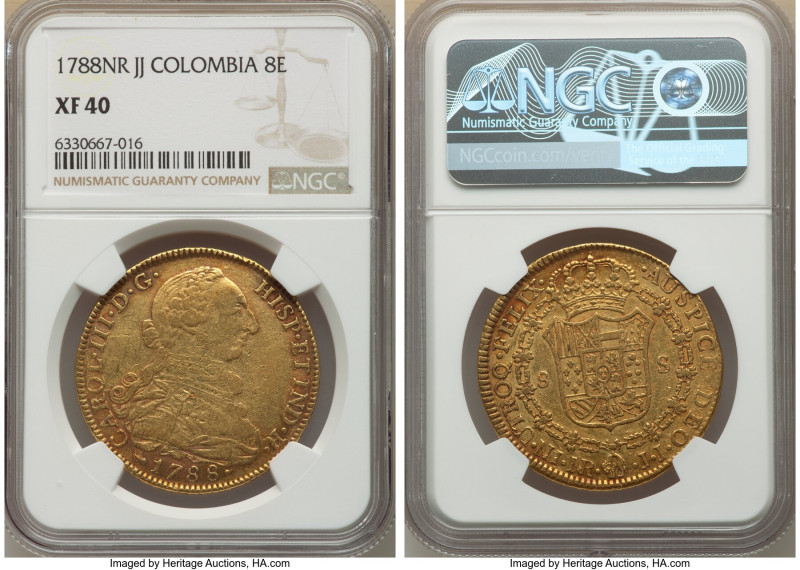 Charles III gold 8 Escudos 1788 NR-JJ XF40 NGC, Nuevo Reino mint, KM50.1a, Cal-2...