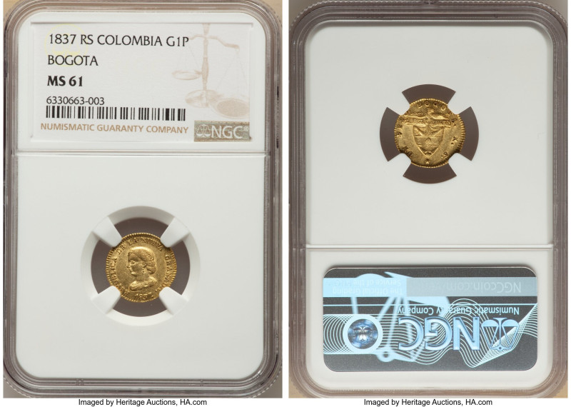 Nueva Granada gold Peso 1837-RS MS61 NGC, Bogota mint, KM93. This coin exhibits ...