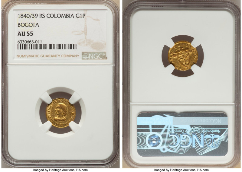 Nueva Granada gold Peso 1840/39-RS AU55 NGC, Bogota mint, KM93. This coin is the...