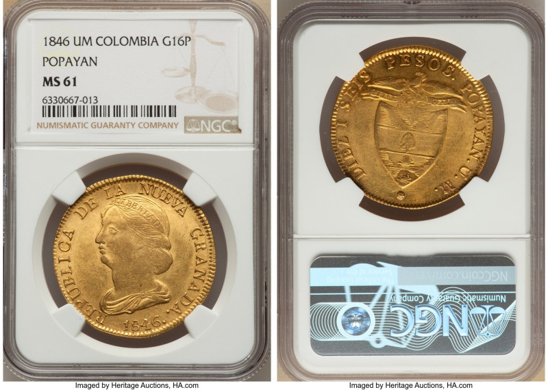 Nueva Granada gold 16 Pesos 1846-UM MS61 NGC, Popayan mint, KM94.2. Tied for the...