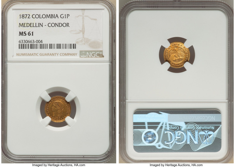 Estados Unidos gold Peso 1872 MS61 NGC, Medellin mint, KM157.1. This coin has a ...