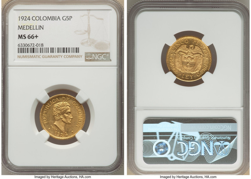 Republic gold 5 Pesos 1924 MS66+ NGC, Medellin mint, KM204. Large 4 in date. An ...