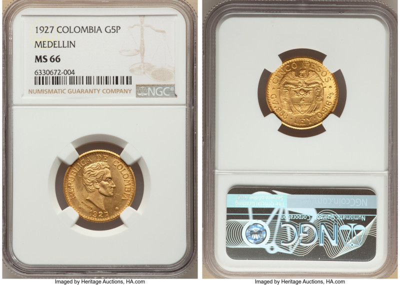 Republic gold 5 Pesos 1927 MS66 NGC, Medellin mint, KM204. Tied for NGC's "top p...