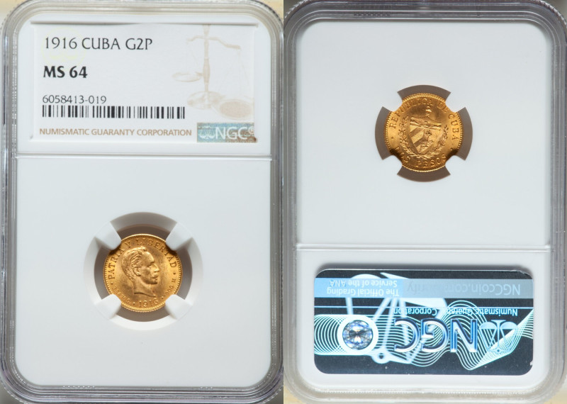 Republic gold 2 Pesos 1916 MS64 NGC, Philadelphia mint, KM17. A smaller denomina...