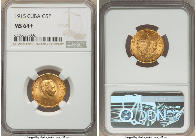 Republic gold 5 Pesos 1915 MS64+ NGC, Philadelphia mint, KM19. Two year type. AG...