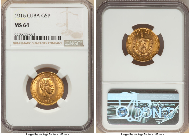Republic gold 5 Pesos 1916 MS64 NGC, Philadelphia mint, KM19, Fr-4. On the cusp ...