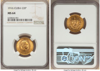 Republic gold 5 Pesos 1916 MS64 NGC, Philadelphia mint, KM19, Fr-4. On the cusp of Gem preservation, with only one example ranking higher on NGC's cen...