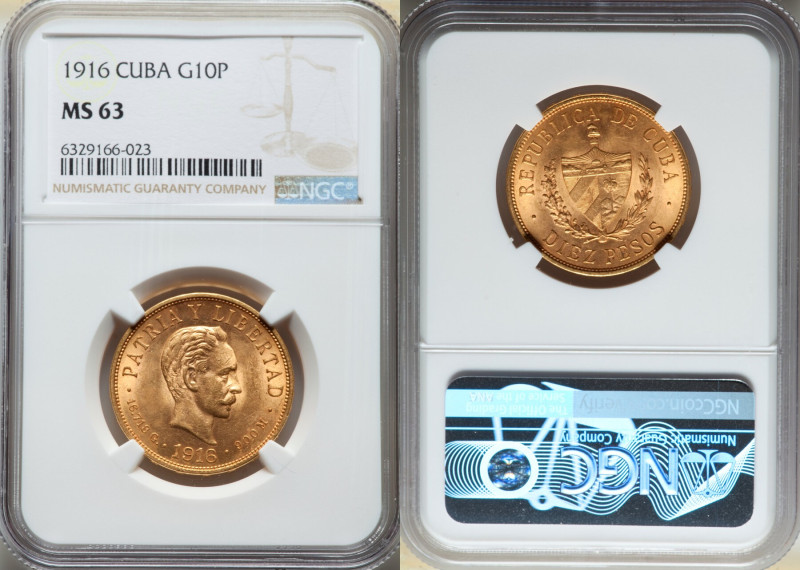 Republic gold 10 Pesos 1916 MS63 NGC, Philadelphia mint, KM20. 

HID09801242017
...