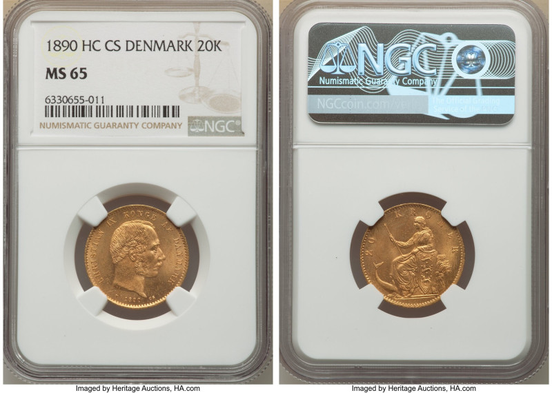 Christian IX gold 20 Kroner 1890 (h)-CS MS65 NGC, Copenhagen mint, KM791.1. AGW ...