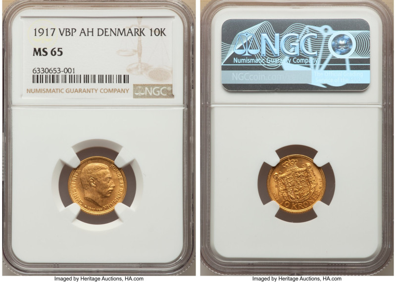 Christian X gold 10 Kroner 1917 VBP-AH MS65 NGC, Copenhagen mint, KM816. Tied fo...