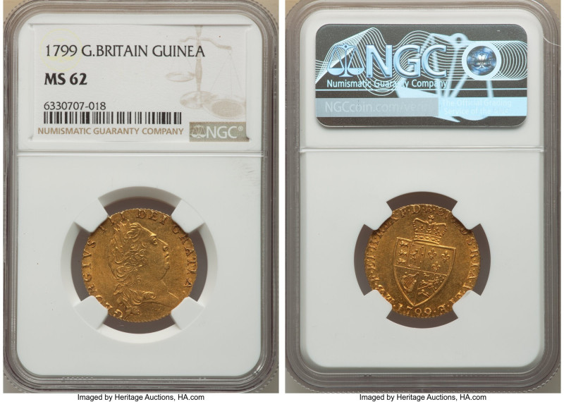 George III gold Guinea 1799 MS62 NGC, KM609, S-3729. A beautiful example of an i...