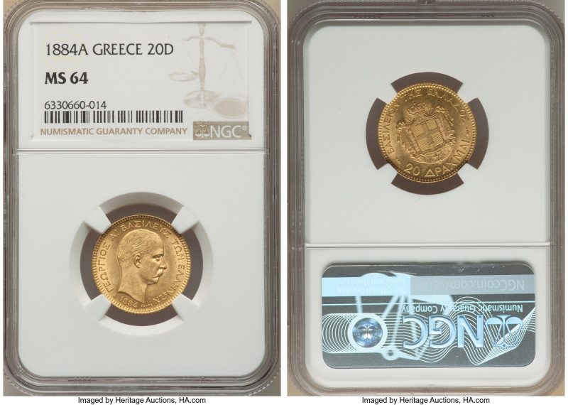 George I gold 20 Drachmai 1884-A MS64 NGC, Paris mint, KM56. One-year type. A sh...