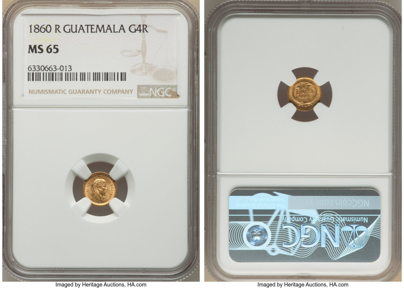 Republic gold 4 Reales 1860-R MS65 NGC, KM135. Top Pop at NGC as the only coin g...