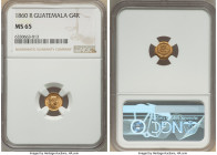 Republic gold 4 Reales 1860-R MS65 NGC, KM135. Top Pop at NGC as the only coin graded this highly for this date. Bold strike with some die cracks on t...