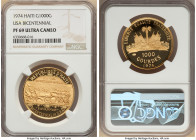 Republic gold Proof "USA Bicentennial" 1000 Gourdes 1974 PR69 Ultra Cameo NGC, KM118.1. Mintage: 480. An impressive and finely rendered commemorative ...