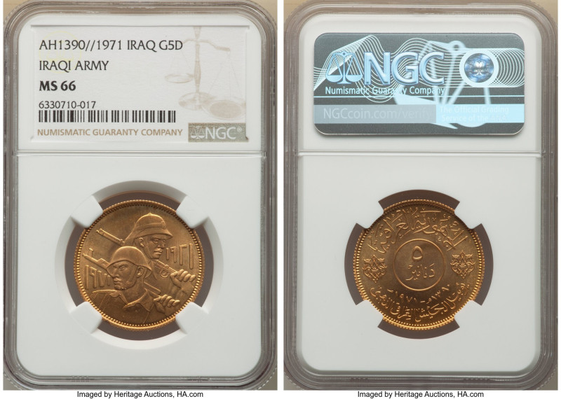 Republic gold "Iraqi Army" 5 Dinars AH 1390 (1971) MS66 NGC, KM134. An always co...